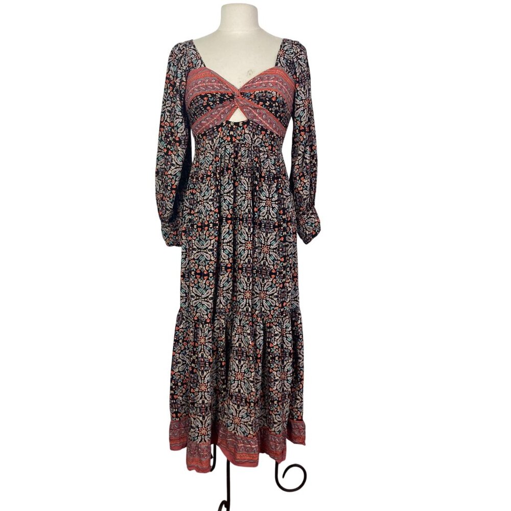 Angie Midi Dress Cutout Detail Womens L Black Paisley Milkmaid Empire Waist